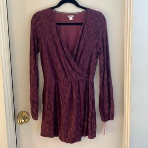 Burgundy long sleeve lace romper